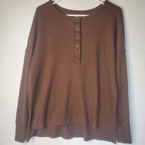 SO Women's 5 Button Henley Dark Brown Size L, High/Low, Waffle Knit, Long Sleeve